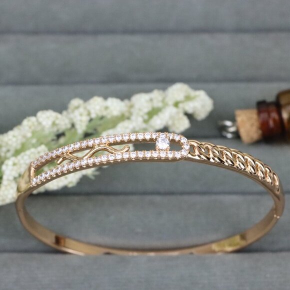 Rose Gold Plated Bangle with Dual Row Crystal Detailing, XPBL0480 - Picture 1 of 11